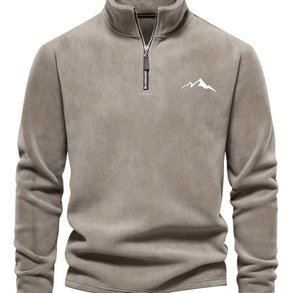 Chaqueta de forro polar grueso para hombre, con cremallera de 1/4, estilo otoño e invierno, con cuello alto pequeño y bordado de montaña
