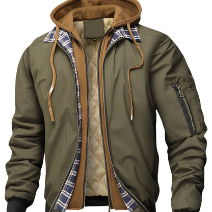 Chaqueta con Capucha y Cremallera para Hombre - Corte Holgado Casual, Marrón y Patrón a Cuadros, Capucha con Cordón, Mangas Largas, Forro, Perfecta para Primavera, Otoño e Invierno, Chaqueta de Otoño Invierno | Chaqueta con Patrón de Cuadros | Chaqueta co