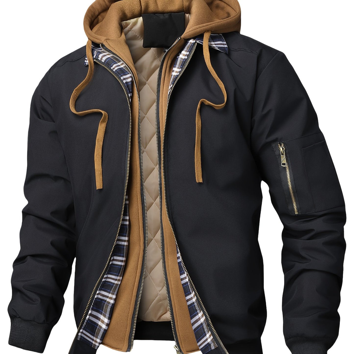 Chaqueta con Capucha y Cremallera para Hombre - Corte Holgado Casual, Marrón y Patrón a Cuadros, Capucha con Cordón, Mangas Largas, Forro, Perfecta para Primavera, Otoño e Invierno, Chaqueta de Otoño Invierno | Chaqueta con Patrón de Cuadros | Chaqueta co